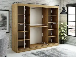 Leto Y Contemporary 3 Sliding Door Wardrobe 9 Shelves 2 Rails Black Matt and Oak Effect (H)2000mm (W)2500mm (D)620mm