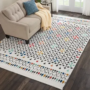 White Modern Shaggy Moroccan Geometric Dining Room Bedroom & Living Room Rug-119cm X 180cm