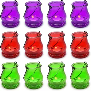 12-Pack Hanging Tealight Holders - Coloured Glass for Indoor & Outdoor Ambiance, Perfect for Special Occasions