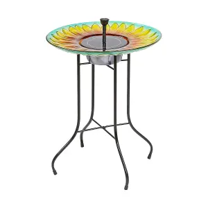 16 Inch Brightly Painted Solar Powered Sunflower Bird Bath Fountain - Pond Décor - Steel Stand With Non-slip Feet - Solar Powered