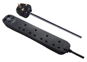 Masterplug Surge Black 13A 4 socket Extension lead with USB, 1m