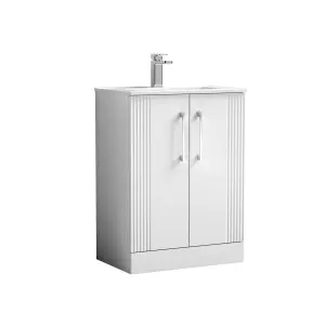 Retro 2 Door Floor Standing Vanity Unit with Minimalist 1 Tap Hole Ceramic Basin - 600mm - Satin White - Balterley