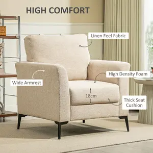 HOMCOM Linen Fabric Modern Accent Chair with Metal Legs, Wood Frame, Beige