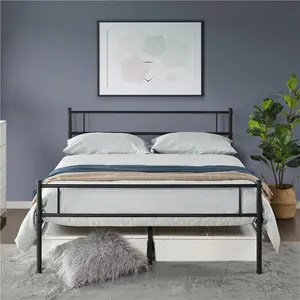 Minimalist Metal Bed Frame with Slatted Headboard Black / Double (4'6)