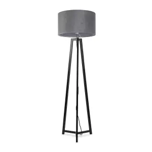 ValueLights Lottie Black Wood Tripod Floor Lamp with Grey Velvet Drum Shade - LED Bulb Included