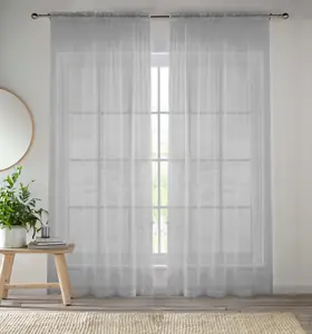 Sheer Silver Plain Woven Voile Slot Top Curtain Panel Pair (57x54") 145x137cm