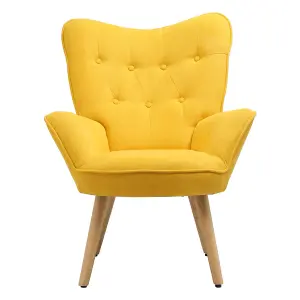 Yellow Linen Tufted Back Armchair with Plush Cushioning and Natural Rubberwood Legs