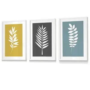 Set of 3 Framed Yellow, Grey, Blue Graphical Leaves Wall Art Prints / 30x42cm (A3) / White Frame