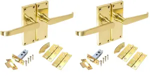 2 Set Victorian Straight Polished Brass Lever Latch Door Handles Sets with 2.5 " Latch and Standard Butt Hinges