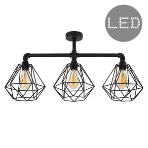 ValueLights Luiggi Satin Black 3 Way Bar Pipework Ceiling Light with Basket Cage Design Black Metal Shades and LED Bulbs