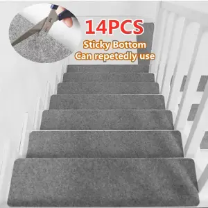 Self Adhesive Stair Treads Mat, Anti Slip Safety Stair Rugs for Kids Elders, 14 Pcs, Light Grey,L55 x W20