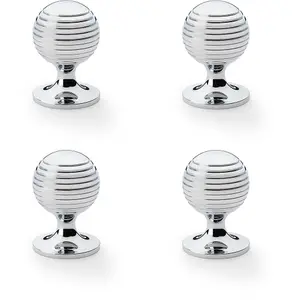 4 PACK - Reeded Ball Door Knob - 38mm Diameter Polished Chrome Lined Cupboard Pull Handle