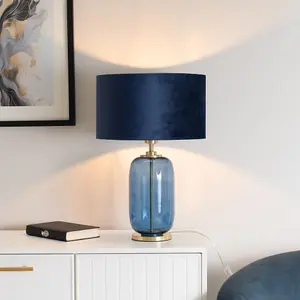 ValueLights Leigh Navy Blue Glass and Gold Detail Table Lamp with Velvet Drum Shade Light - LED Bulb Included