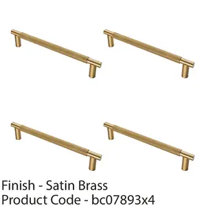 4 PACK - Luxury T Bar Knurled Pull Handle - 300mm Satin Brass - Kitchen Door Cabinet