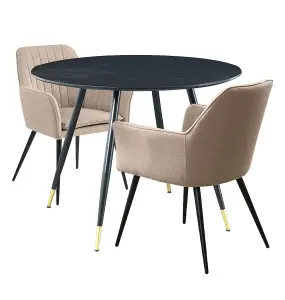 Hallowood Furniture Finley Small Round Dining Table in Black Finish with 2 Light Brown Fabric Armed Chairs