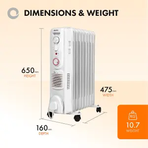 Devola Oil Filled Radiator 2500W 9 Fin White Electric Portable Fan Heater Timer