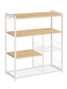 VASAGLE Baker's Rack, Kitchen Island With 2 Metal Mesh Baskets, Shelves And Hooks,  Industrial Style, Oak Beige And White