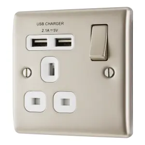 BG Nickel Single 13A Raised slim Switched Screwed Socket with USB, x2 & White inserts