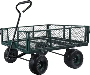 Utility Steel Garden Cart Trolley 350kg Heavy Duty Black Mesh Gardeners Wagon, Folding Sides, 10 inch Pneumatic Tyres