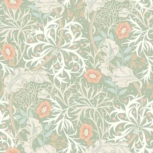 Hoopla Walls Seaweed Garden Sage & Apricot Smooth Matt Wallpaper