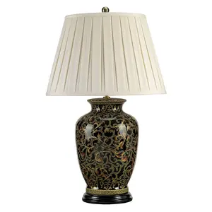 Table Lamp Large Chinese Base Cream Double Pleat Shade Gold Black LED E27 60W