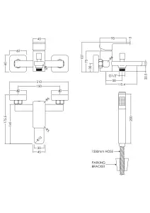 Wall Mounted Square Bath Shower Mixer Tap with Shower Kit - Chrome