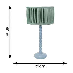 ValueLights Bobbins Powder Blue Table Lamp with Ruched Pleated Green Drum Lamp Shade and LED Bulb