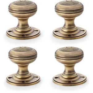 4 PACK - SOLID BRASS Classic Ringed Mortice Door Knob - Antique Brass 50mm Diameter