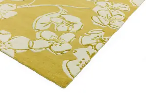 Yellow Easy to Clean Floral Handmade Modern Wool Rug for Living Room, Bedroom - 160cm X 230cm