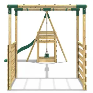 Rebo Wooden Children's Swing Set with Monkey Bars plus Deck & 6ft Slide - Single Swing - Solar Green