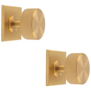 2 PACK - Reeded Radio Cabinet Door Knob & Matching Backplate Lined Satin Brass 40 x 40mm