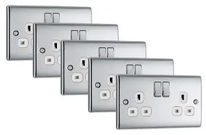 BG Nexus NPC22W 13A Switched Double Plug Socket 2 Gang Decorative Metal Power Outlet with Polished Chrome Finish - Pack of 5