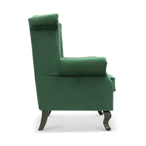 Velvet Wing Back Fireside Henley Chair Armchair with Buttons Emerald Green