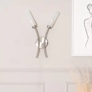 ValueLights Maya Pair - 2 Way Curved Brushed Chrome Wall Light Fitting for Living Room Lounge Hallway - LED Bulbs Included