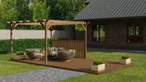 Rectangular pergola and decking kit with balustrade V.4, 3m x 4.2m, Rustic brown finish