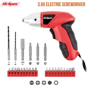 Hi-Spec 27pc 3.6V Red Compact Electric Power Screwdriver & Driver Bit Set. USB Rechargeable for Cordless Screwdriving