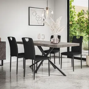 Donni Dining Table And Chairs -  Concrete Effect Table Top w Black Legs + Monza Faux Leather Dining Chair Set Of 6 (Black)