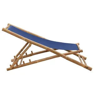 Berkfield Deck Chair Bamboo and Canvas Navy Blue