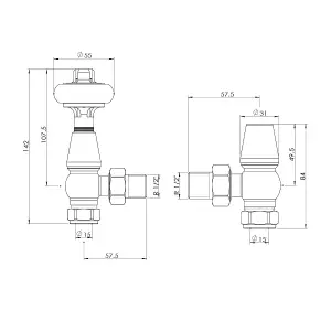 Pair of Angled Chrome Wooden Head Radiator Valves