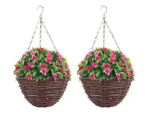 Pair of Best Artificial 28cm Pink Lily Hanging Basket Flower Hanging Basket - Suitable for Outdoor Use - Weather & Fade Resistant