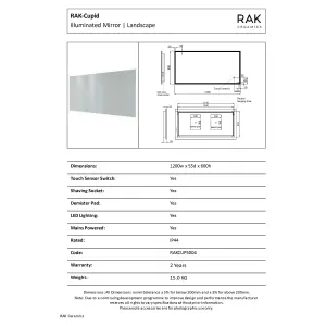 RAK Cupid 1200x600mm Silvery White Square with Touch Sensor Illuminated Mirror IP44