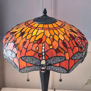 Tiffany Glass Table Lamp Light Dark Bronze Base & Orange Dragonfly Shade i00197