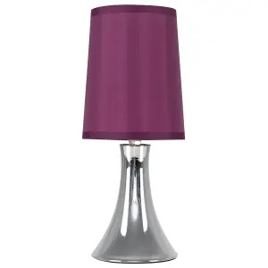 ValueLights Small Modern Chrome Touch Table Lamp With Purple Fabric Shade - Includes 5w LED Dimmable Candle Bulb 3000K Warm White