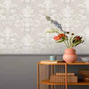 Rasch Amelie Damask Floral Mushroom Wallpaper Roll Bedroom Hallway Wall Decor Sample Only