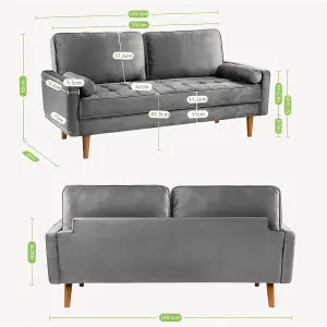 148CM Velvet Love Seat Grey Couch with 2 Pillows