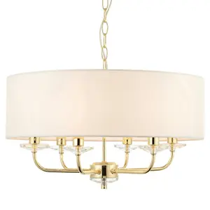 Multi Light Ceiling Pendant 6 Bulb BRASS & WHITE Chandelier Large Shade Lamp