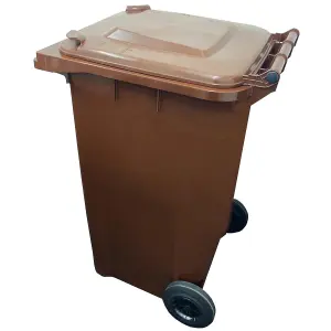 240L Brown Large Outdoor Garden Waste Recycling Wheelie Bin With Rubber Wheels Handle & Lid