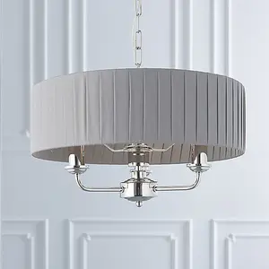 Luminosa Highclere Single Shade Pendant Light Bright Nickel Plate, Charcoal Fabric