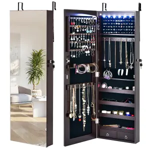 Costway Lockable LED Lights Jewelry Cabinet W/ Mirror Wall/Door Mounted Jewelry Armoire