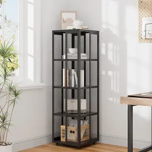 Steel Bookshelf Rack Black 4-Tier Bookcase Freestanding Storage Rack with Wheels